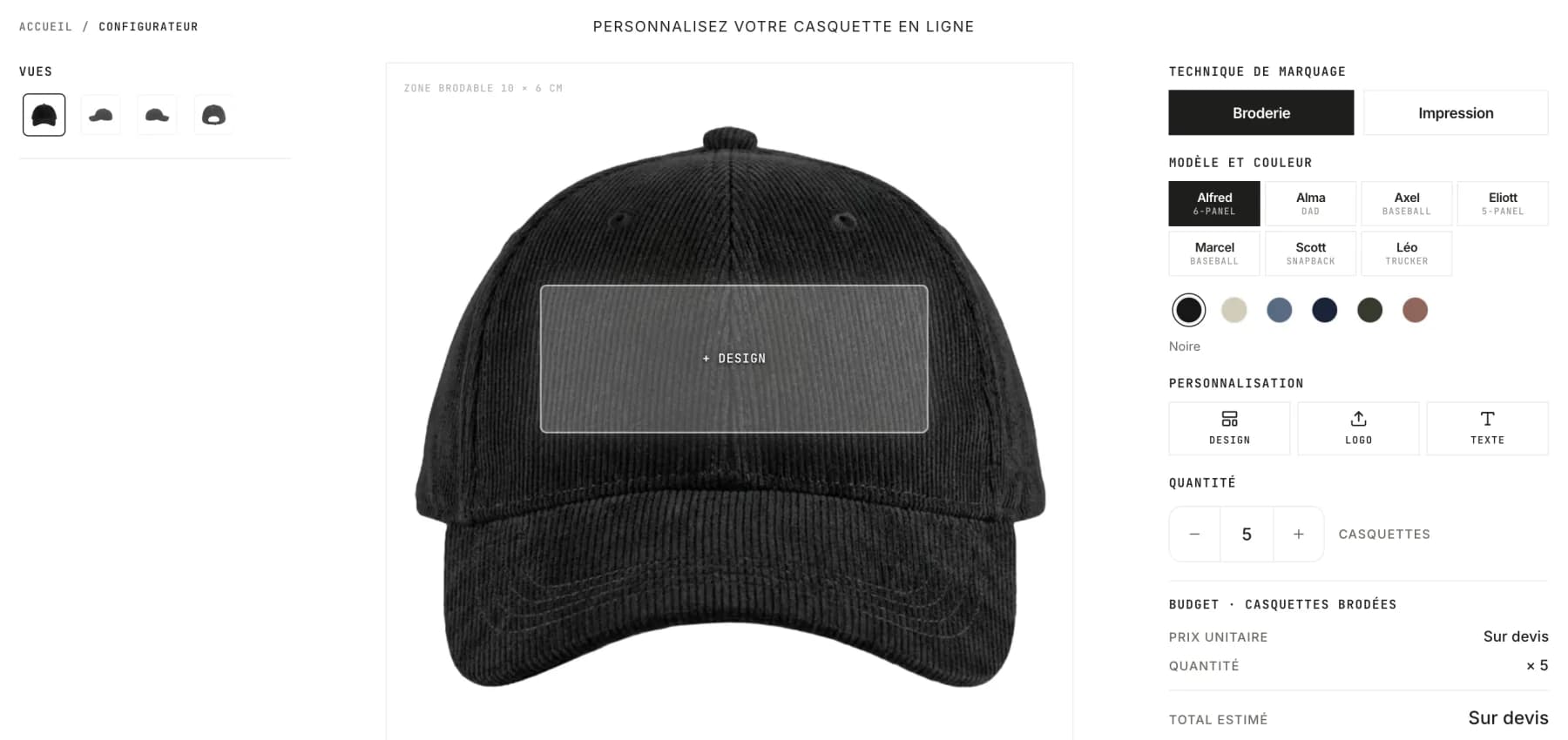 Configurateur de casquette personnalisée en ligne : choix de la technique broderie ou impression, du modèle, du coloris et de la quantité, avec aperçu de la casquette en direct