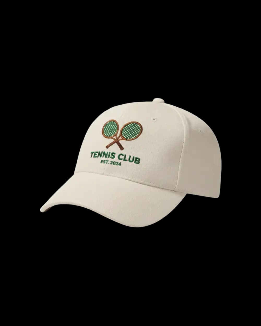 Inspiration casquette personnalisée brodée Tennis Club rackets sur baseball écru
