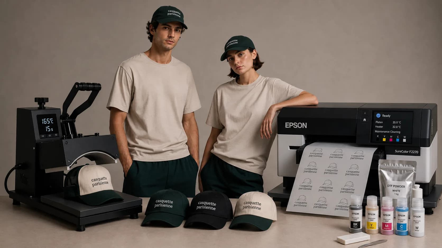 Atelier d'impression DTF à Paris : imprimante à film, presse à chaud et casquettes imprimées Casquette Parisienne