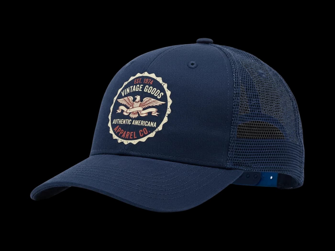 Casquette trucker bleu marine personnalisée imprimée DTF, écusson Vintage Goods