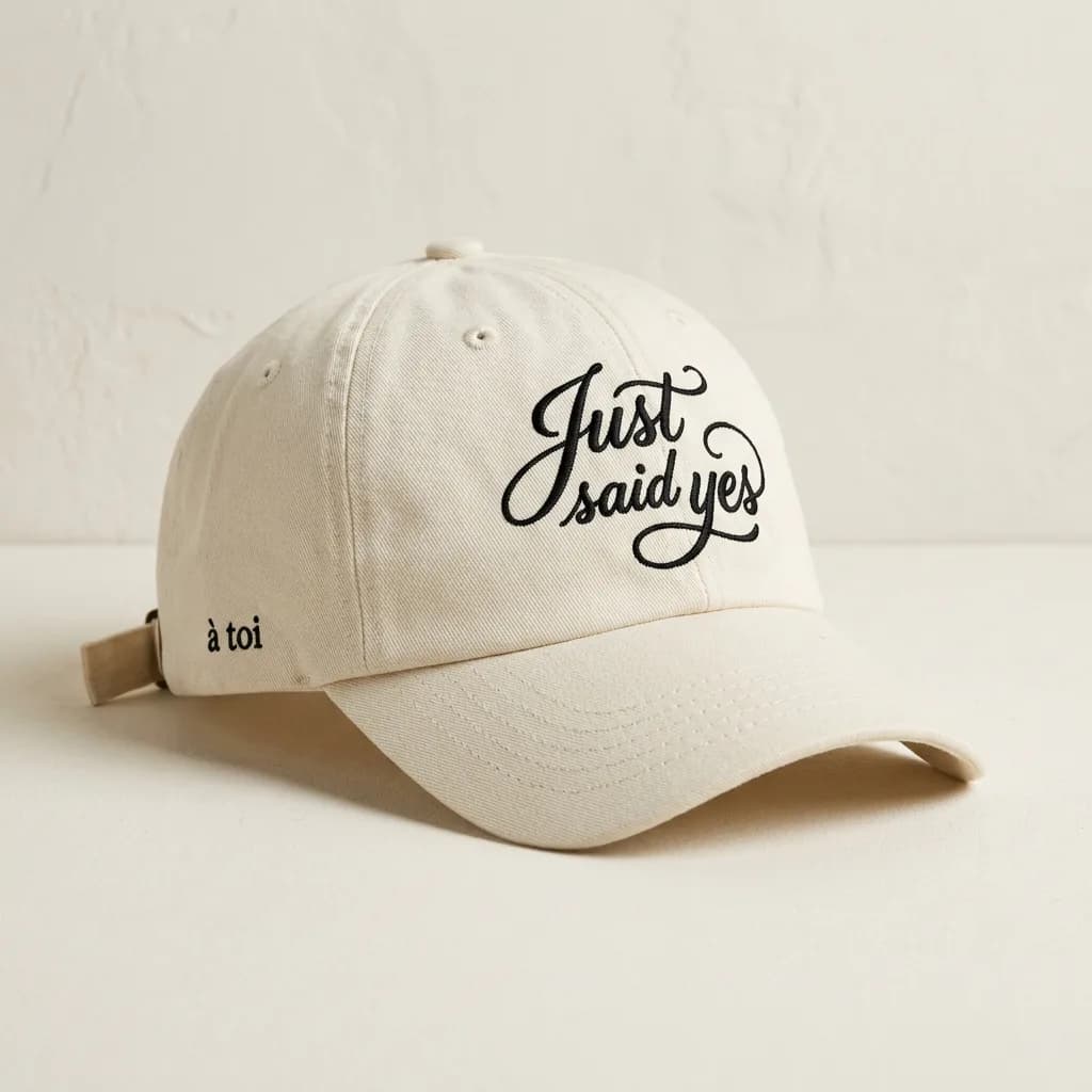 Casquette de fiançailles personnalisée écrue brodée « Just said yes », broderie parisienne
