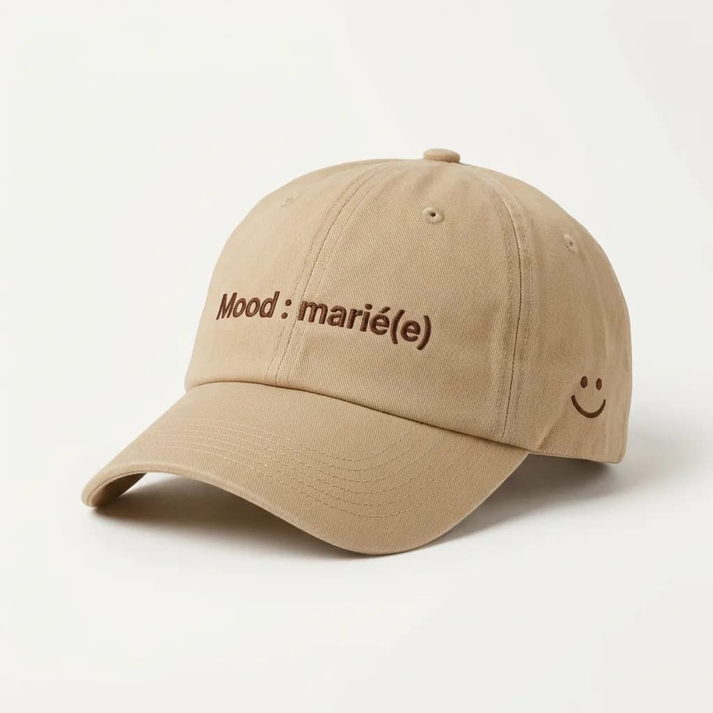 Casquette de mariage personnalisée beige brodée « Mood : marié(e) », broderie parisienne