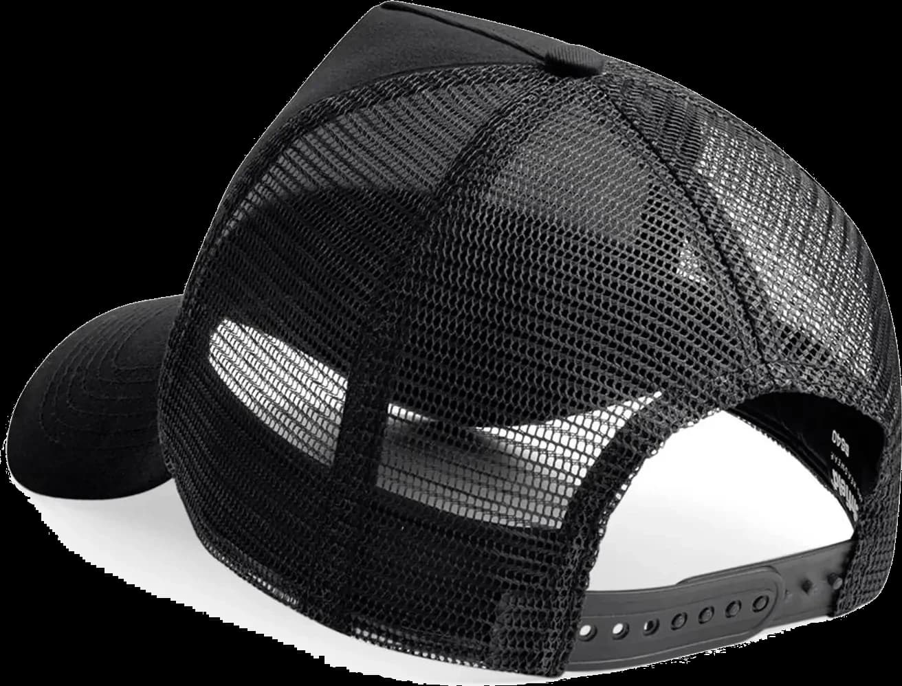 Casquette Léo brodée personnalisée noire, Trucker baseball 5-panel, filet ventilé, Coton armuré + filet polyester