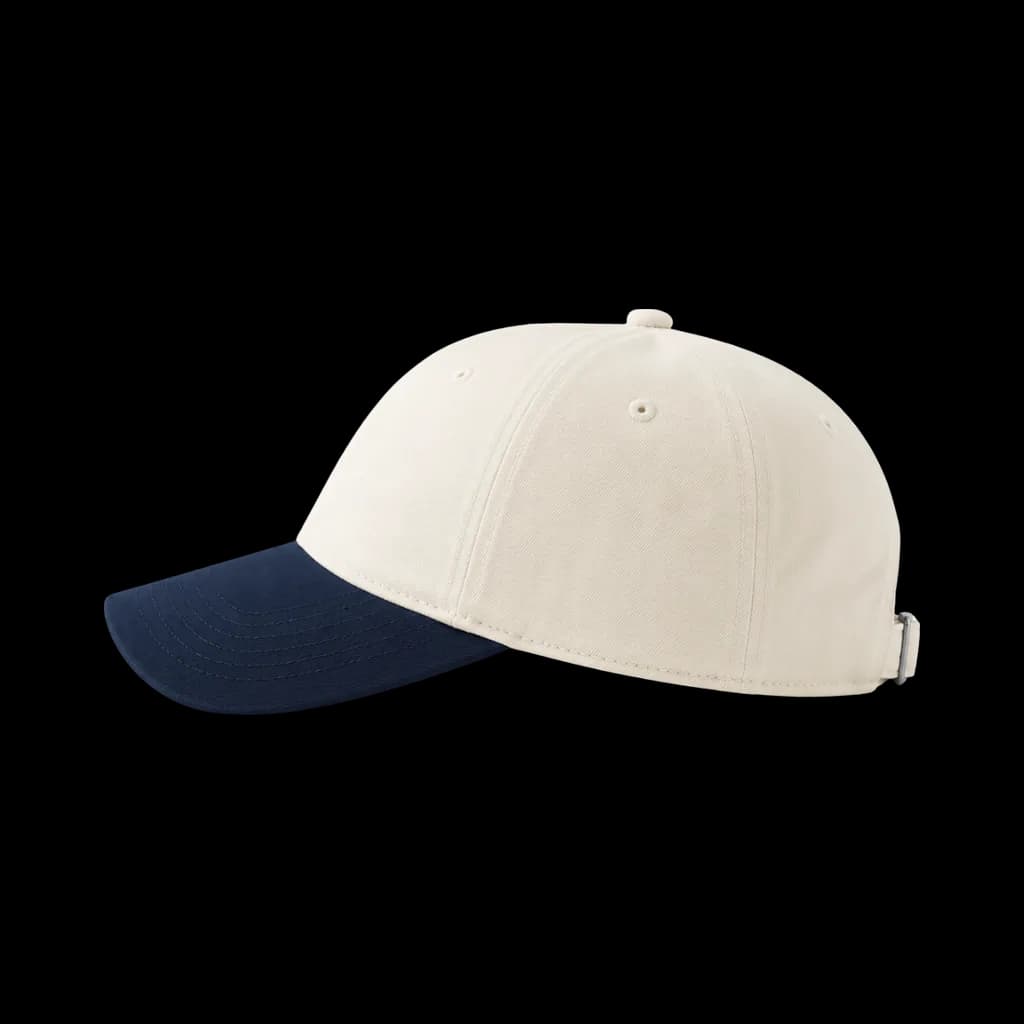 Casquette Marcel brodée personnalisée écru / marine, Baseball 5-panel souple, visière semi-courbée, Coton sergé brossé 100%