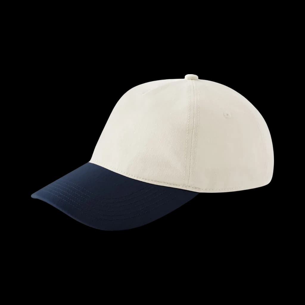 Casquette Marcel brodée personnalisée écru / marine, Baseball 5-panel souple, visière semi-courbée, Coton sergé brossé 100%