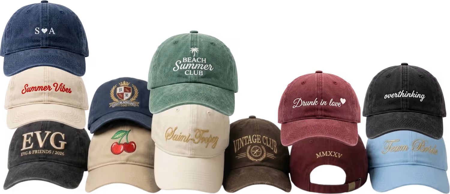 Collection de casquettes personnalisées à Paris : baseball, trucker, dad cap, snapback et velours, broderie ou impression