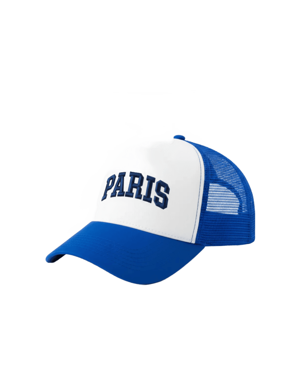 Inspiration casquette personnalisée brodée Paris varsity sur trucker blanc bleu roi