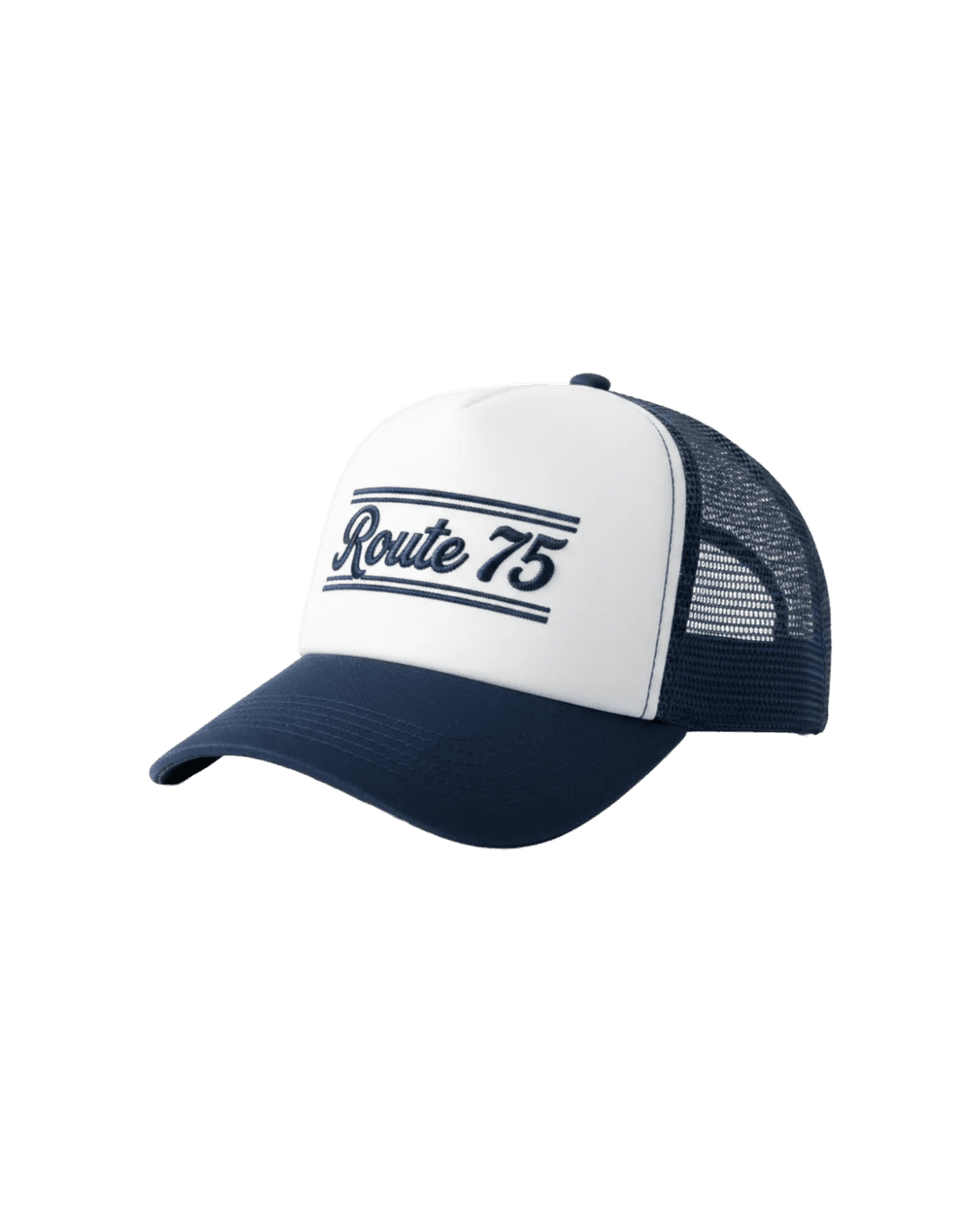 Inspiration casquette personnalisée brodée Route 75 script sur trucker blanc marine
