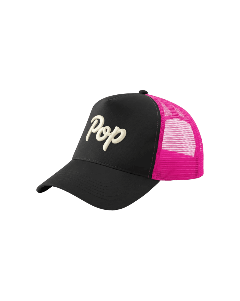 Inspiration casquette personnalisée brodée Pop script 3D sur trucker noir rose fluo