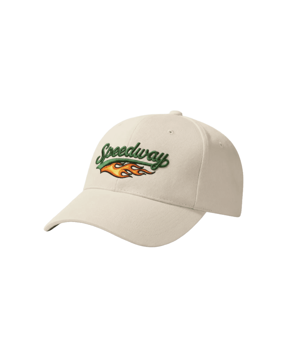 Inspiration casquette personnalisée brodée Speedway flammes sur baseball écru