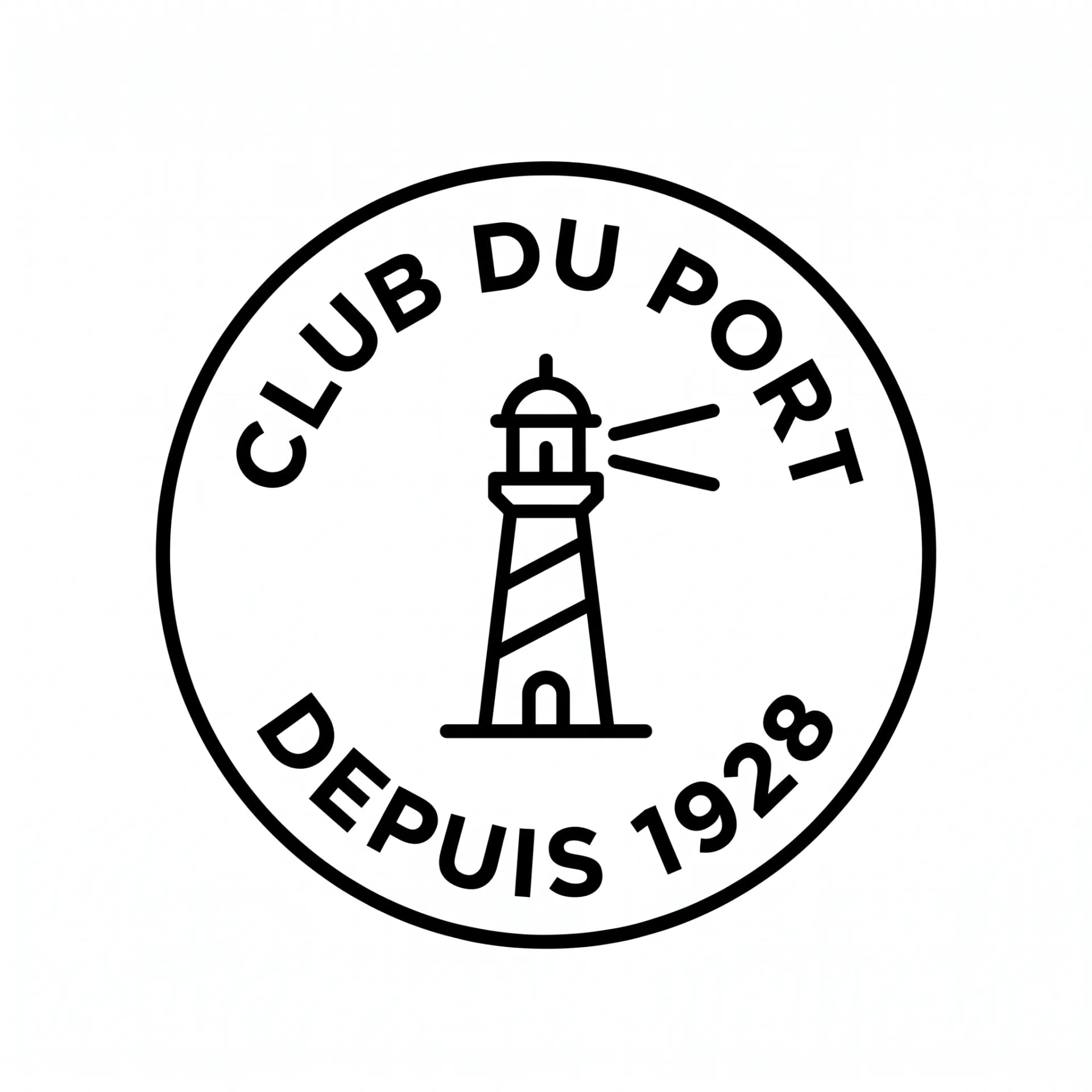 Exemple de logo brodable : blason monochrome, cercle fin, pictogramme plein, texte courbé. rendu sceau.