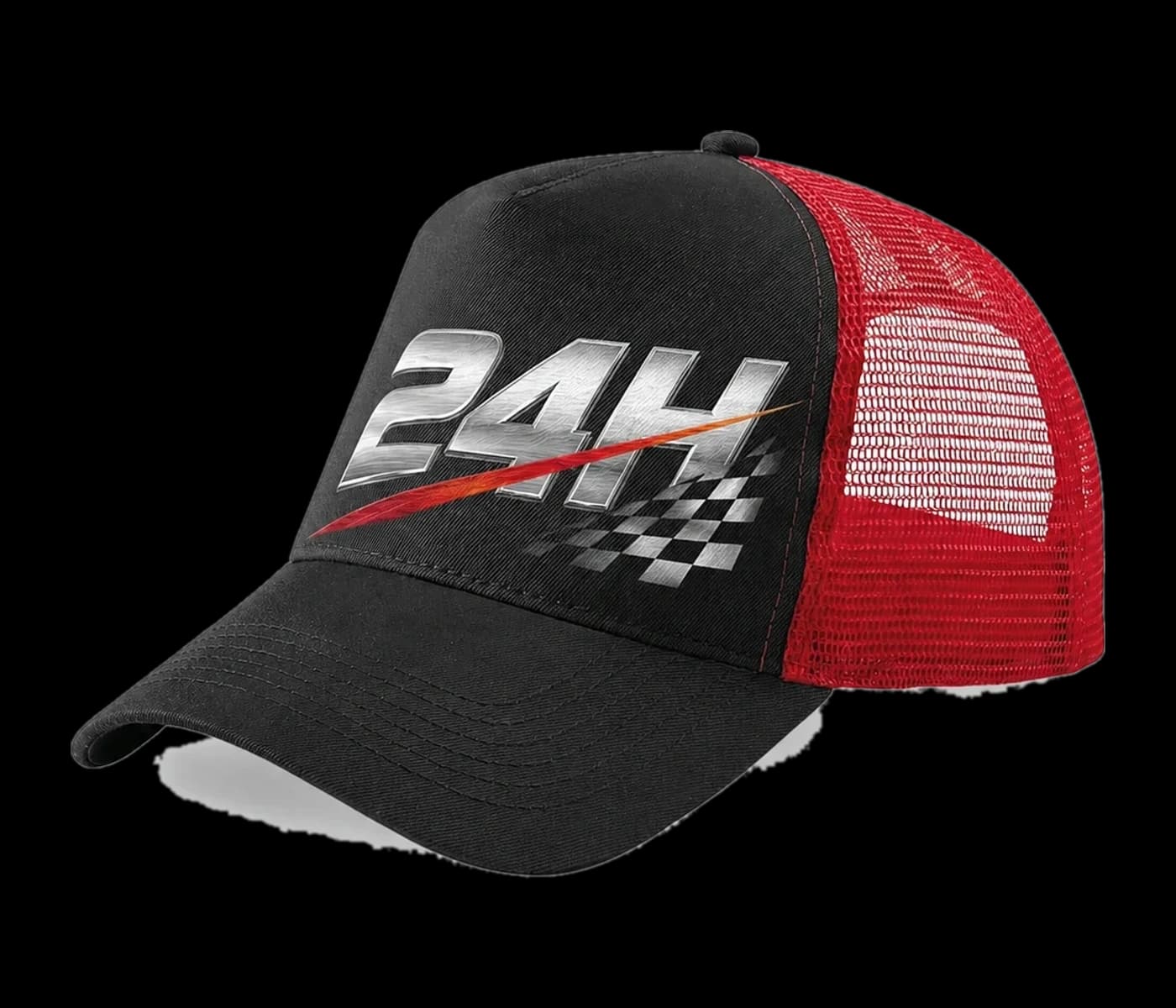 Casquette trucker noire et rouge, visuel 24H imprimé en DTF sur toute la face avant