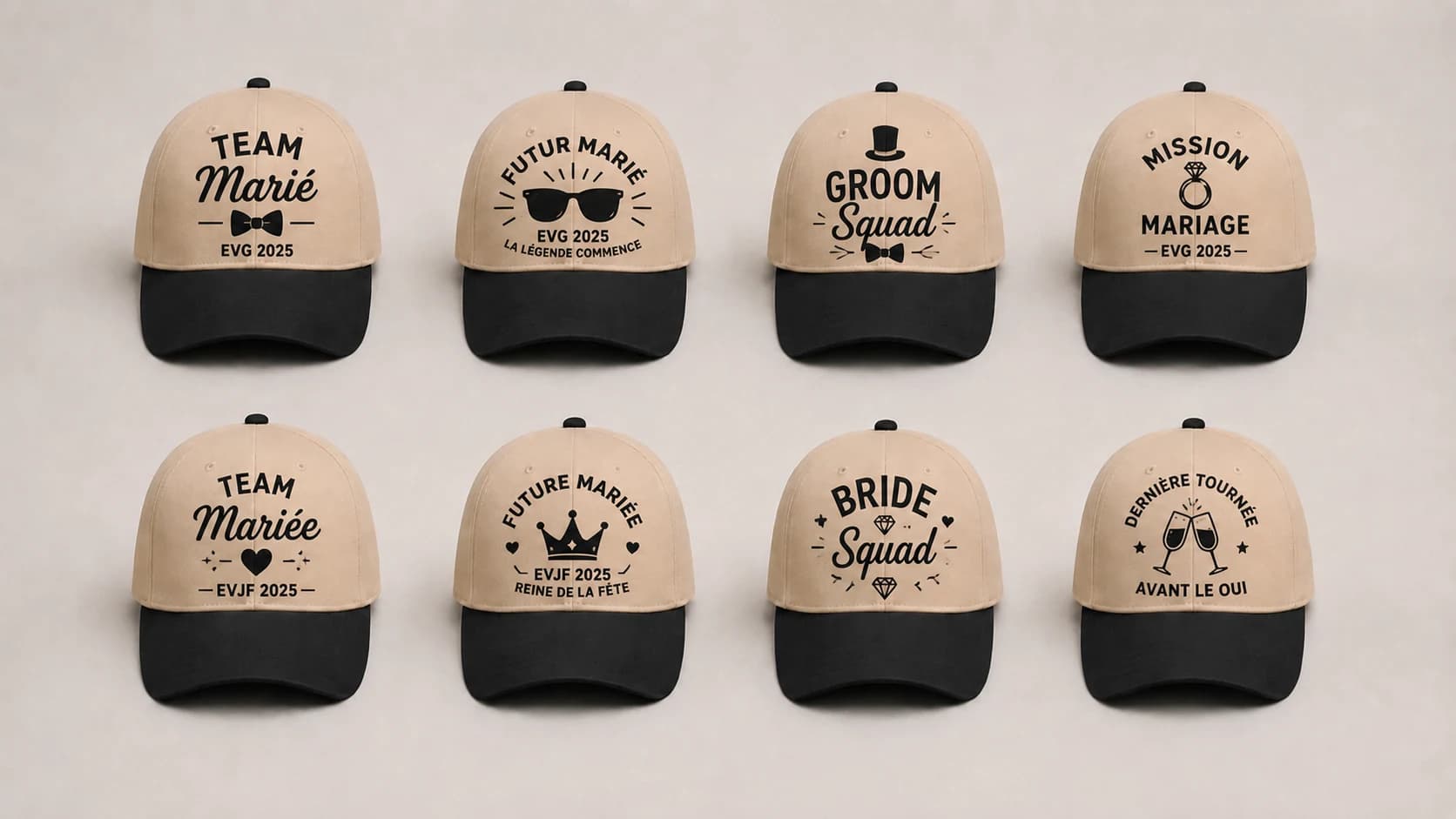 Huit casquettes beiges brodées Team Mariée, Bride Squad et Futur Marié pour un EVJF et un EVG