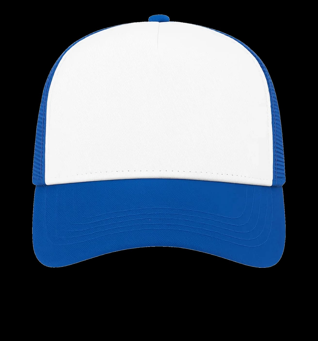Casquette Trucker baseball 5-panel, filet ventilé brodée personnalisée Léo, coloris blanc / bleu roi, Coton armuré + filet polyester