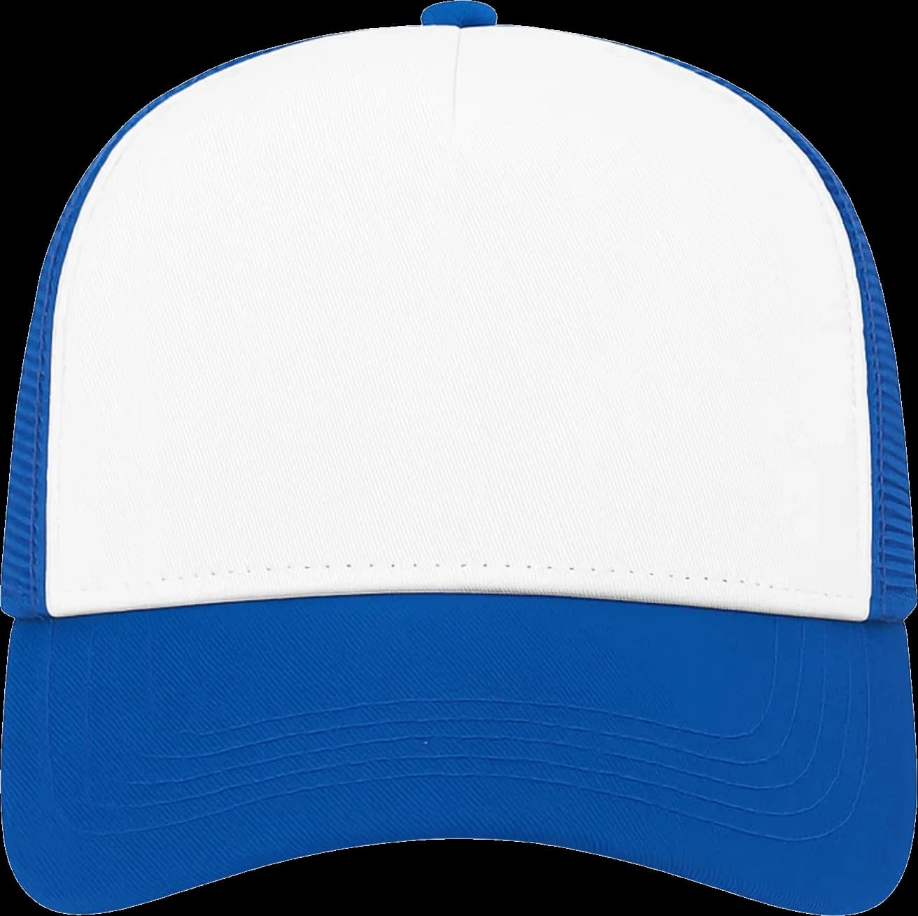 Casquette Trucker baseball 5-panel, filet ventilé brodée personnalisée Léo, coloris bleu roi / blanc, Coton armuré + filet polyester