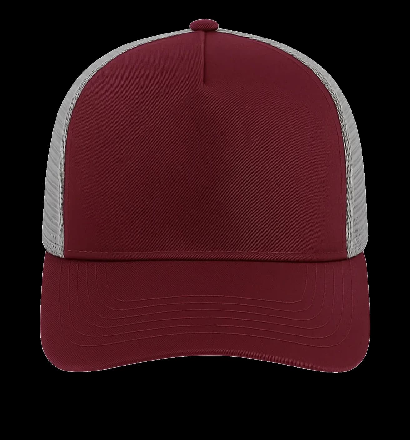 Casquette Trucker baseball 5-panel, filet ventilé brodée personnalisée Léo, coloris bordeaux / gris, Coton armuré + filet polyester