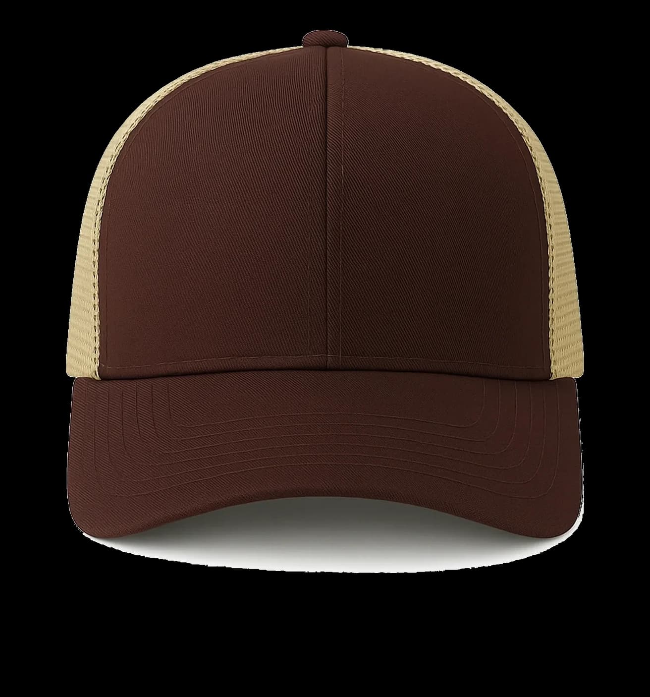 Casquette Trucker baseball 5-panel, filet ventilé brodée personnalisée Léo, coloris chocolat / caramel, Coton armuré + filet polyester
