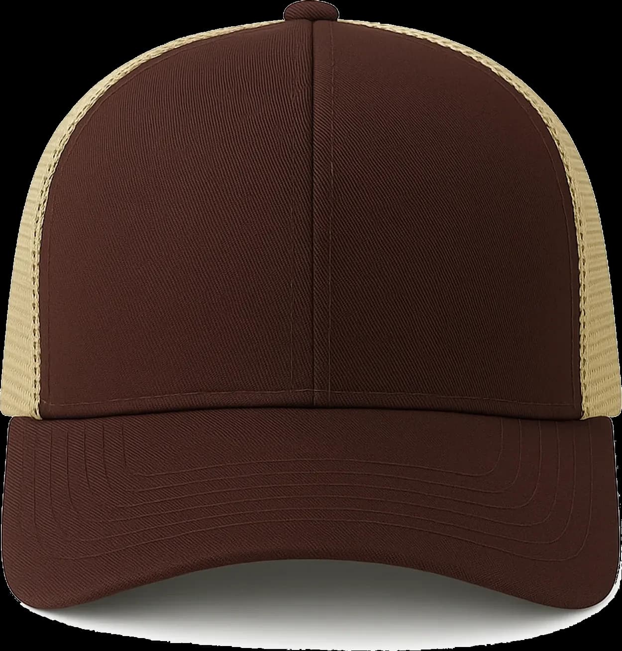 Casquette Trucker baseball 5-panel, filet ventilé brodée personnalisée Léo, coloris chocolat / caramel, Coton armuré + filet polyester