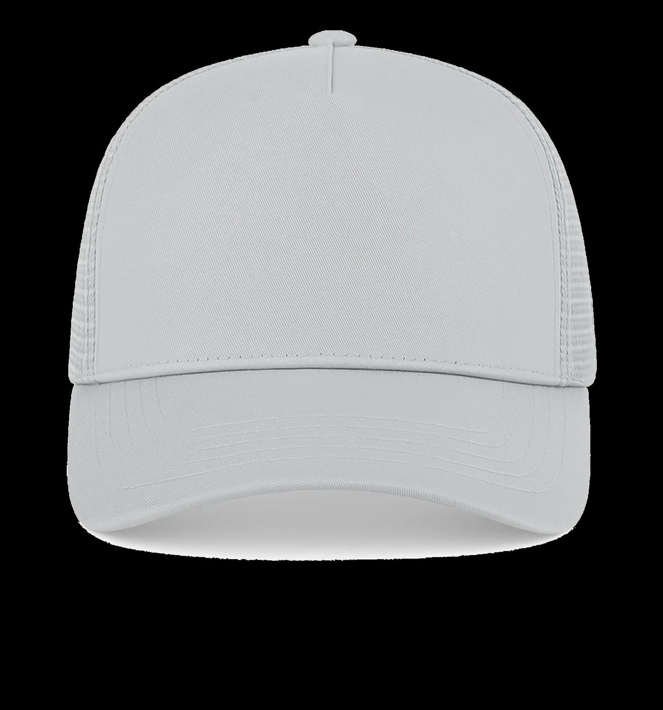 Casquette Trucker baseball 5-panel, filet ventilé brodée personnalisée Léo, coloris gris clair, Coton armuré + filet polyester