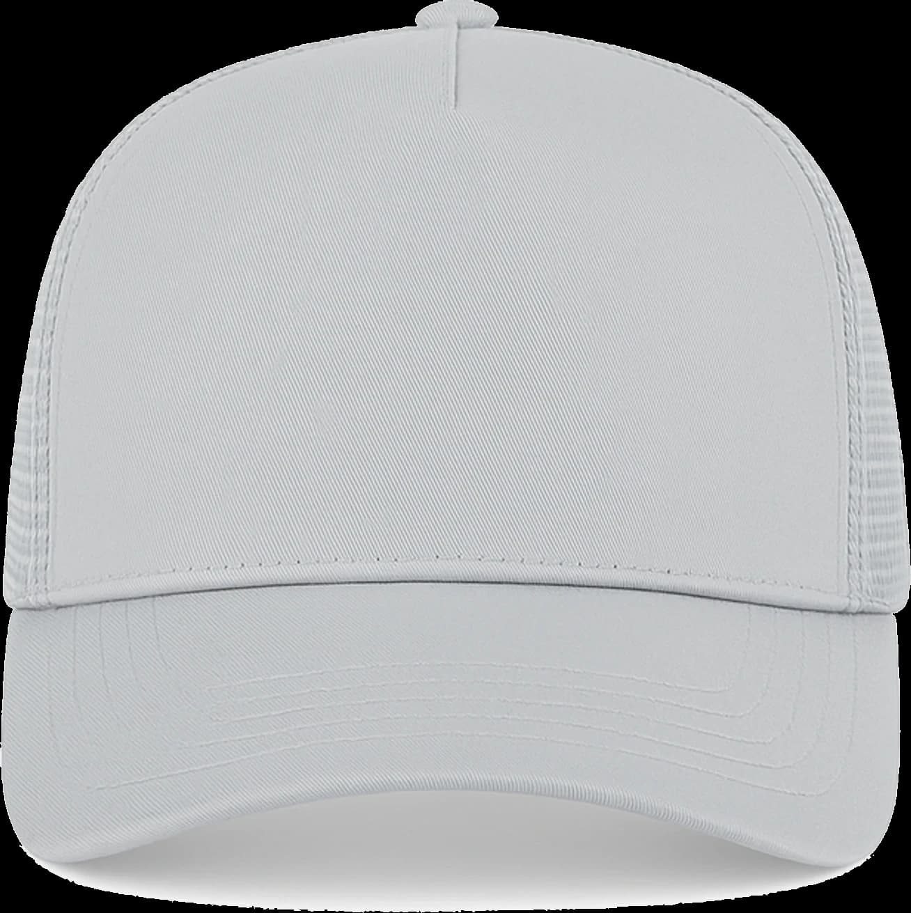 Casquette Trucker baseball 5-panel, filet ventilé brodée personnalisée Léo, coloris gris clair, Coton armuré + filet polyester