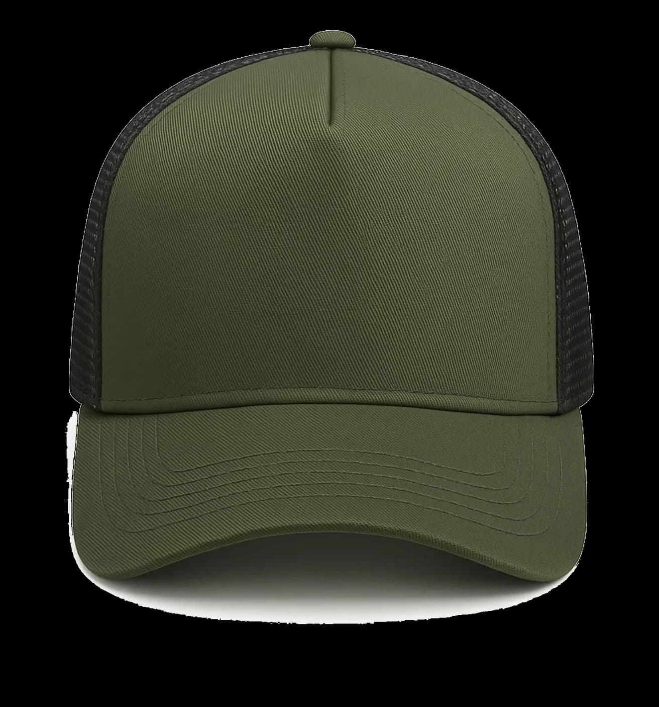 Casquette Trucker baseball 5-panel, filet ventilé brodée personnalisée Léo, coloris kaki / noir, Coton armuré + filet polyester
