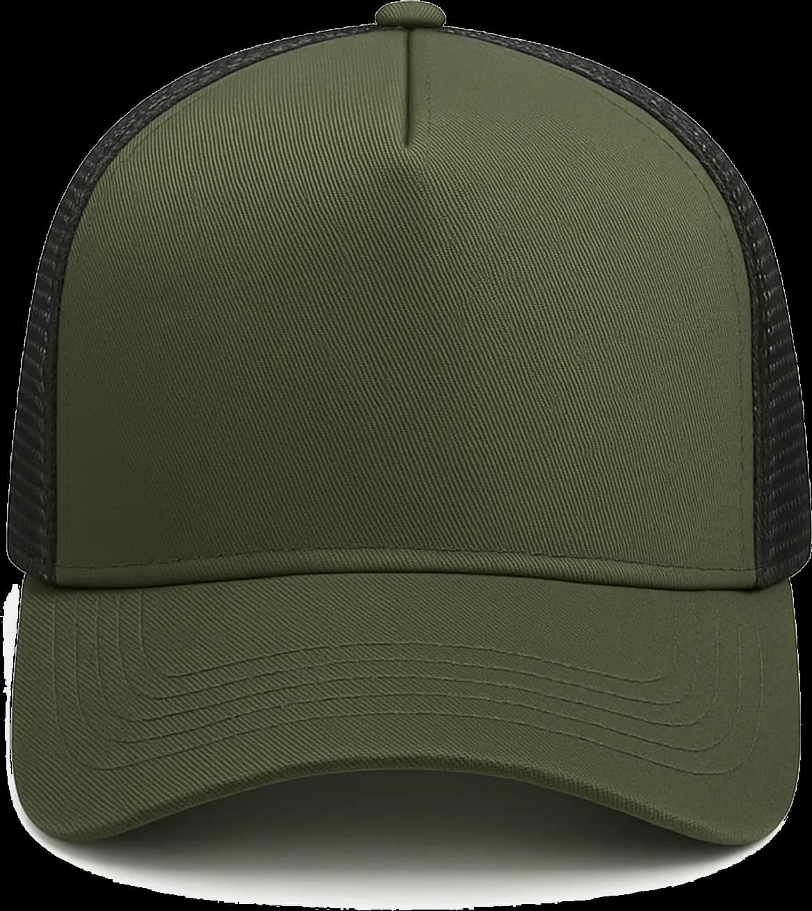 Casquette Trucker baseball 5-panel, filet ventilé brodée personnalisée Léo, coloris kaki / noir, Coton armuré + filet polyester