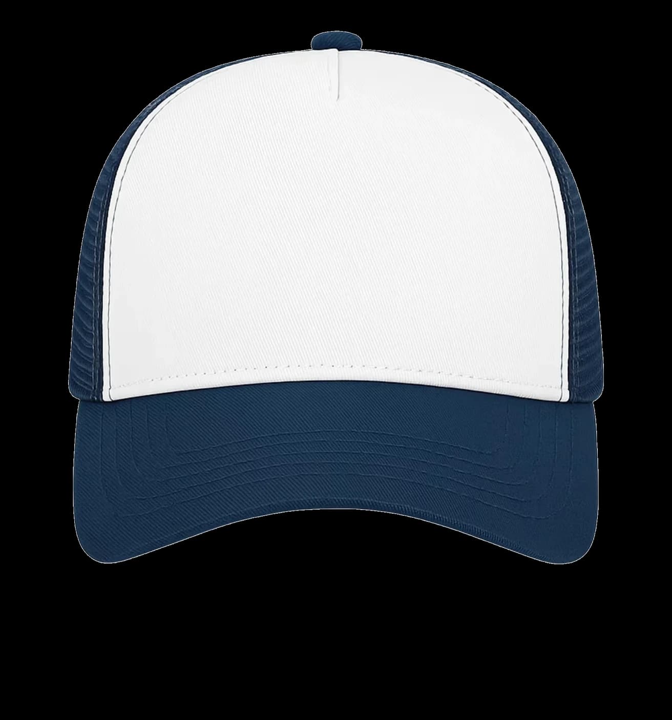 Casquette Trucker baseball 5-panel, filet ventilé brodée personnalisée Léo, coloris blanc / marine, Coton armuré + filet polyester