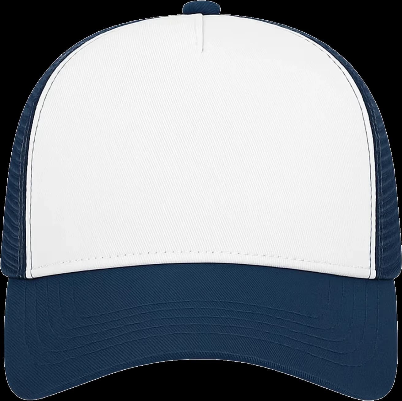 Casquette Trucker baseball 5-panel, filet ventilé brodée personnalisée Léo, coloris marine / blanc, Coton armuré + filet polyester