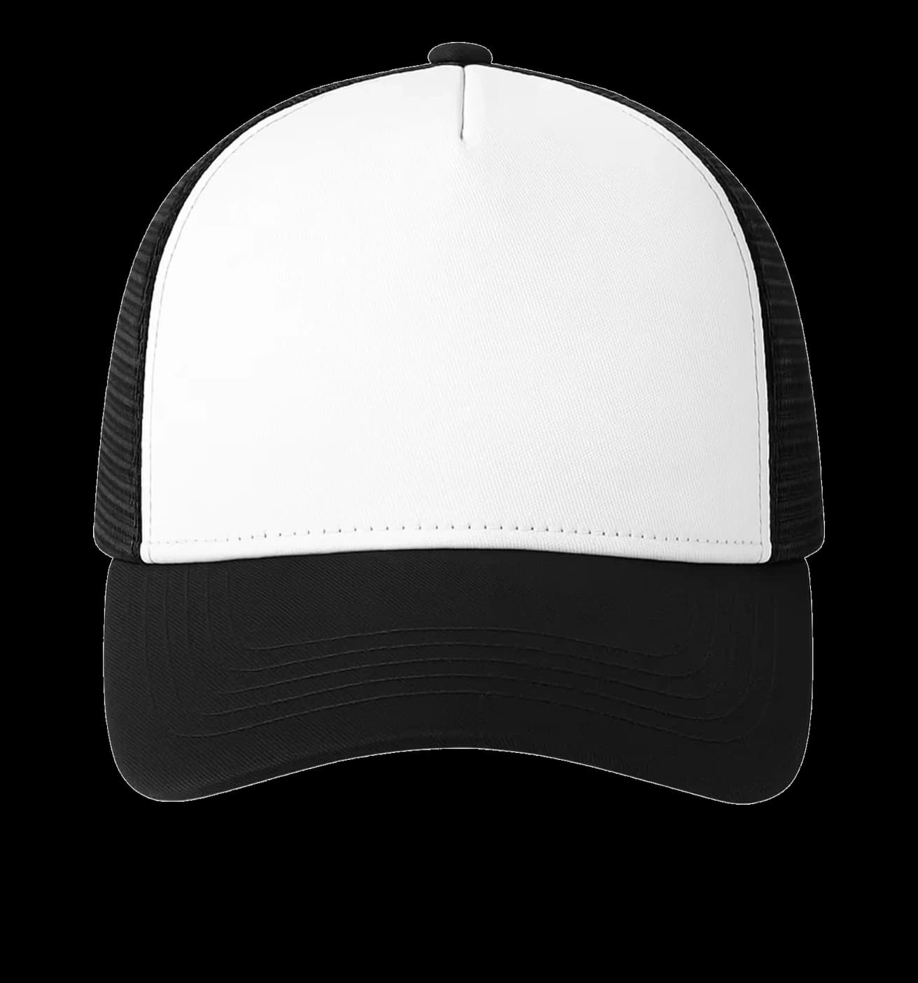 Casquette Trucker baseball 5-panel, filet ventilé brodée personnalisée Léo, coloris blanc / noir, Coton armuré + filet polyester