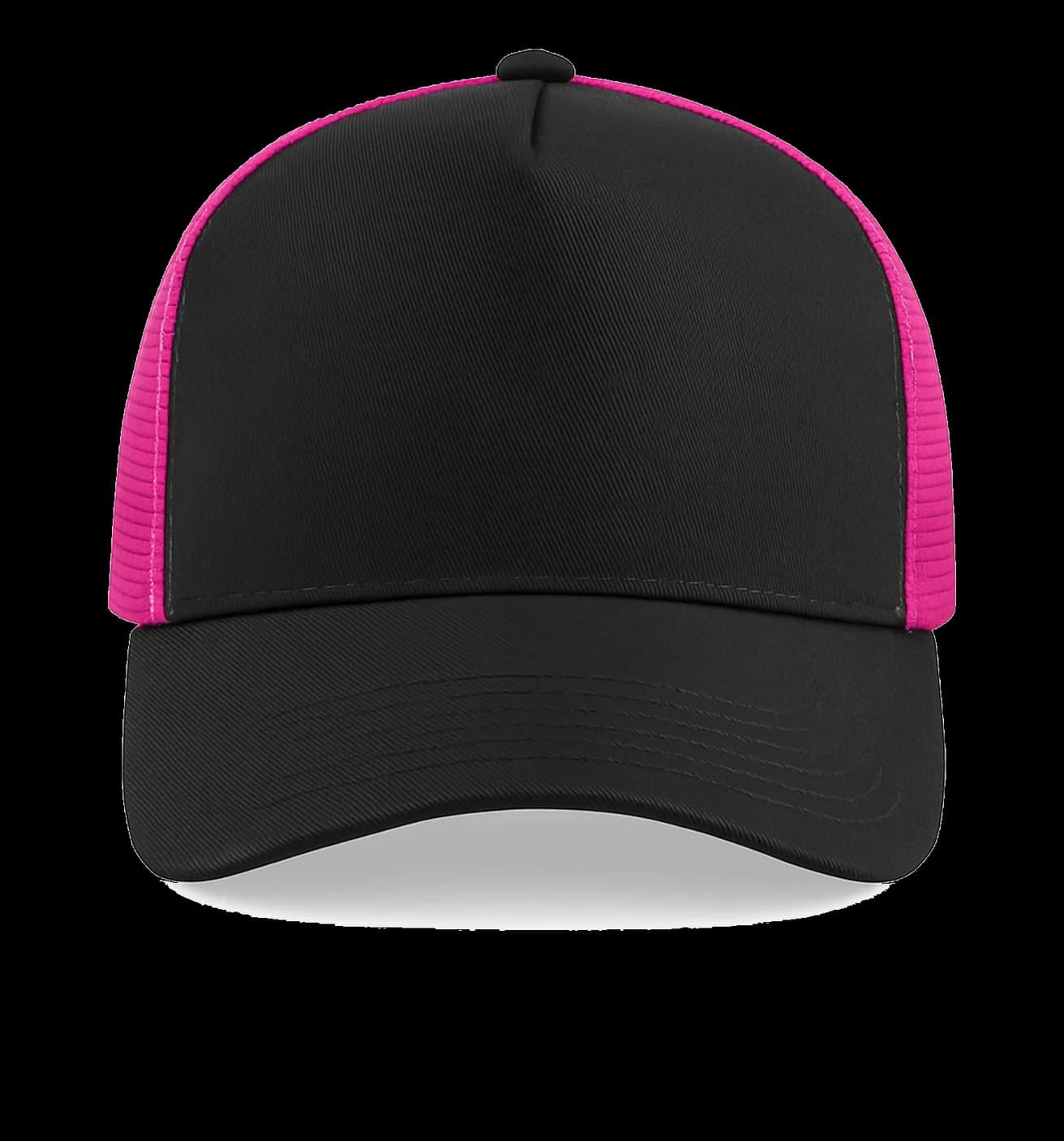 Casquette Trucker baseball 5-panel, filet ventilé brodée personnalisée Léo, coloris noir / fuchsia, Coton armuré + filet polyester