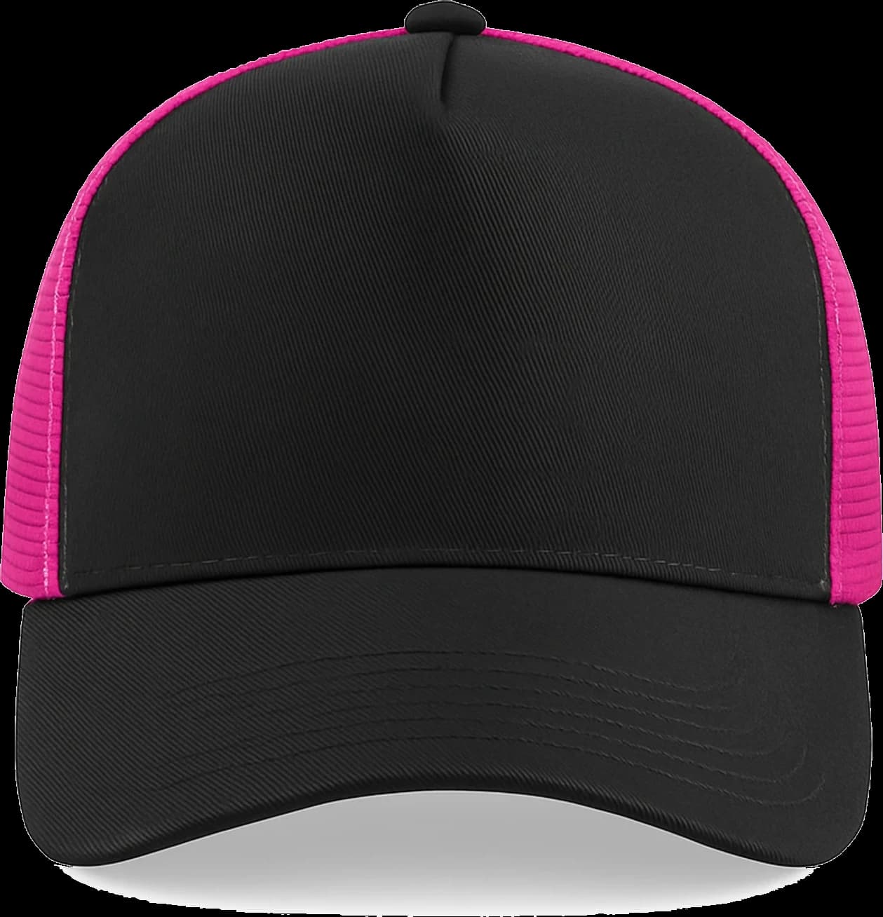 Casquette Trucker baseball 5-panel, filet ventilé brodée personnalisée Léo, coloris noir / fuchsia, Coton armuré + filet polyester