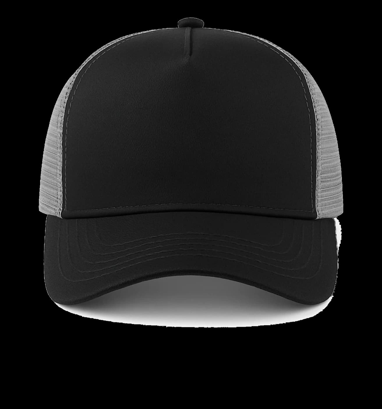 Casquette Trucker baseball 5-panel, filet ventilé brodée personnalisée Léo, coloris noir / gris, Coton armuré + filet polyester