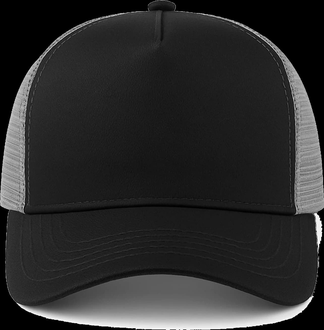 Casquette Trucker baseball 5-panel, filet ventilé brodée personnalisée Léo, coloris noir / gris, Coton armuré + filet polyester