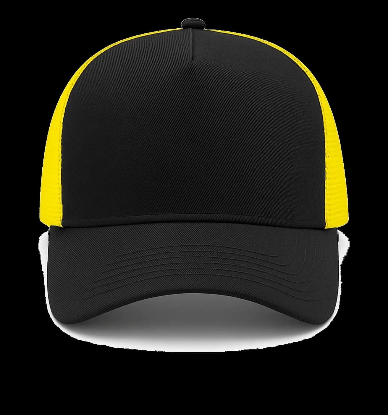 Casquette Trucker baseball 5-panel, filet ventilé brodée personnalisée Léo, coloris noir / jaune, Coton armuré + filet polyester