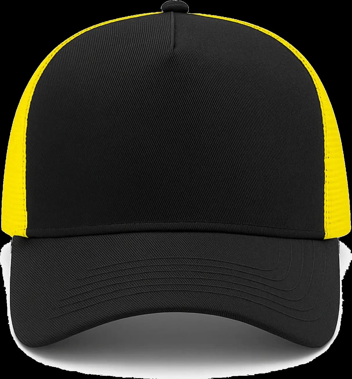 Casquette Trucker baseball 5-panel, filet ventilé brodée personnalisée Léo, coloris noir / jaune, Coton armuré + filet polyester