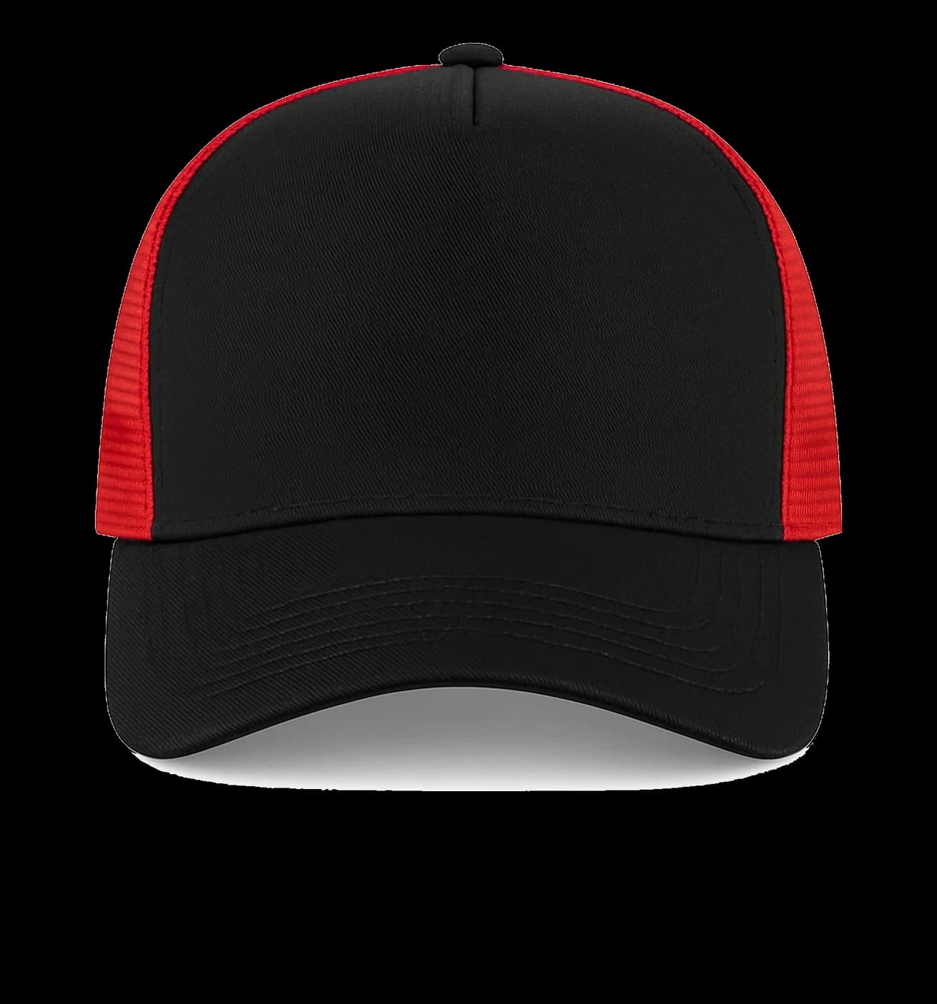Casquette Trucker baseball 5-panel, filet ventilé brodée personnalisée Léo, coloris noir / rouge, Coton armuré + filet polyester