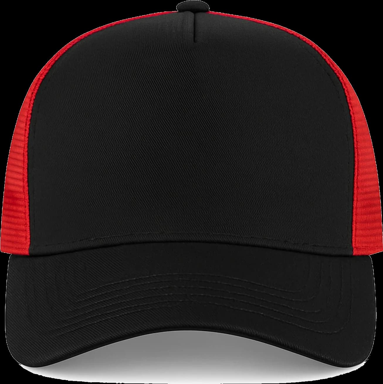 Casquette Trucker baseball 5-panel, filet ventilé brodée personnalisée Léo, coloris noir / rouge, Coton armuré + filet polyester