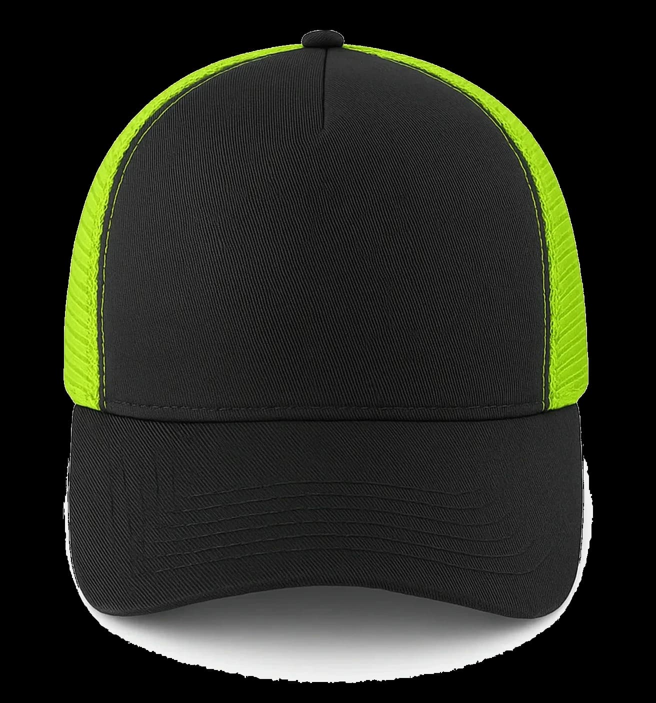 Casquette Trucker baseball 5-panel, filet ventilé brodée personnalisée Léo, coloris noir / vert citron, Coton armuré + filet polyester