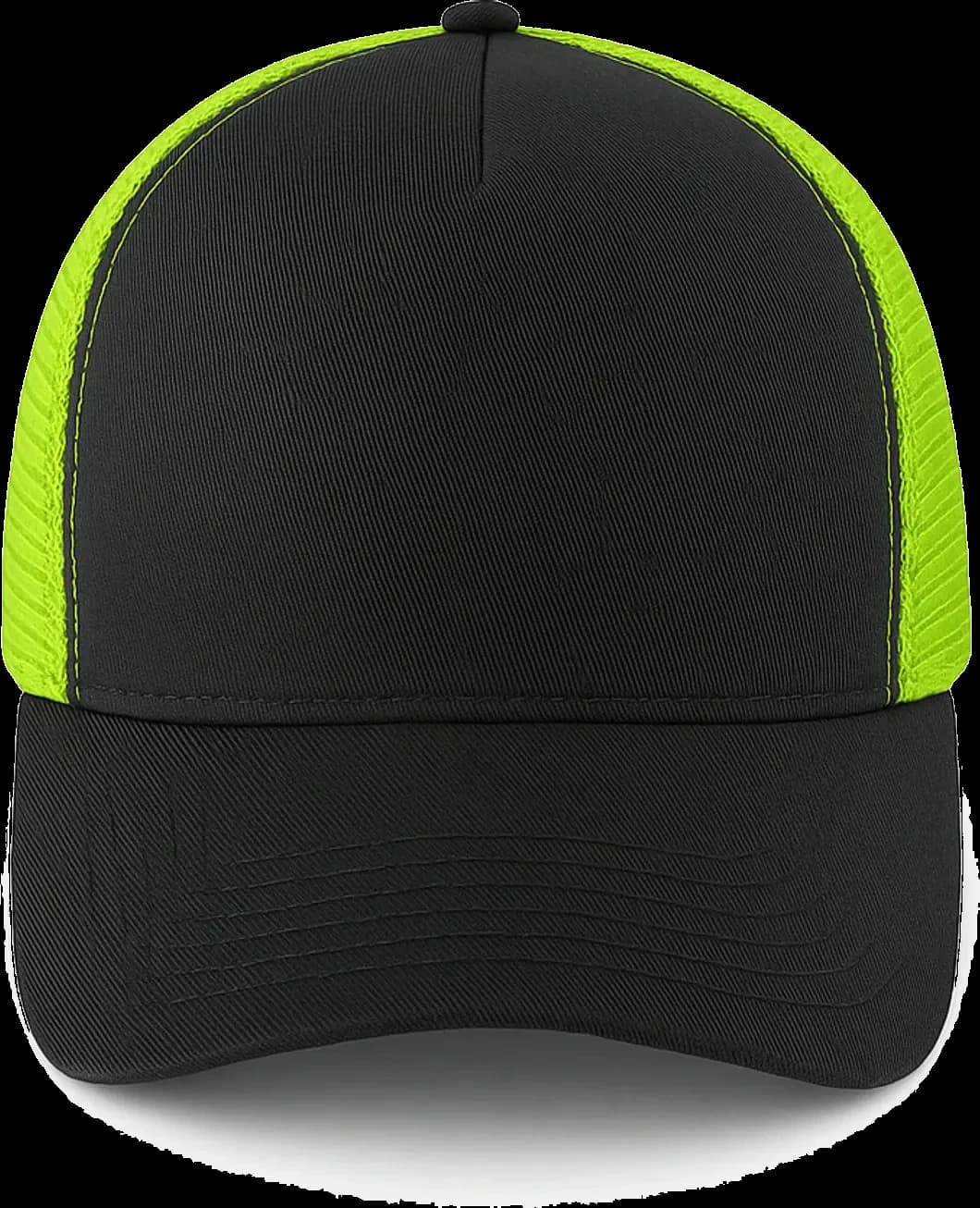 Casquette Trucker baseball 5-panel, filet ventilé brodée personnalisée Léo, coloris noir / vert citron, Coton armuré + filet polyester