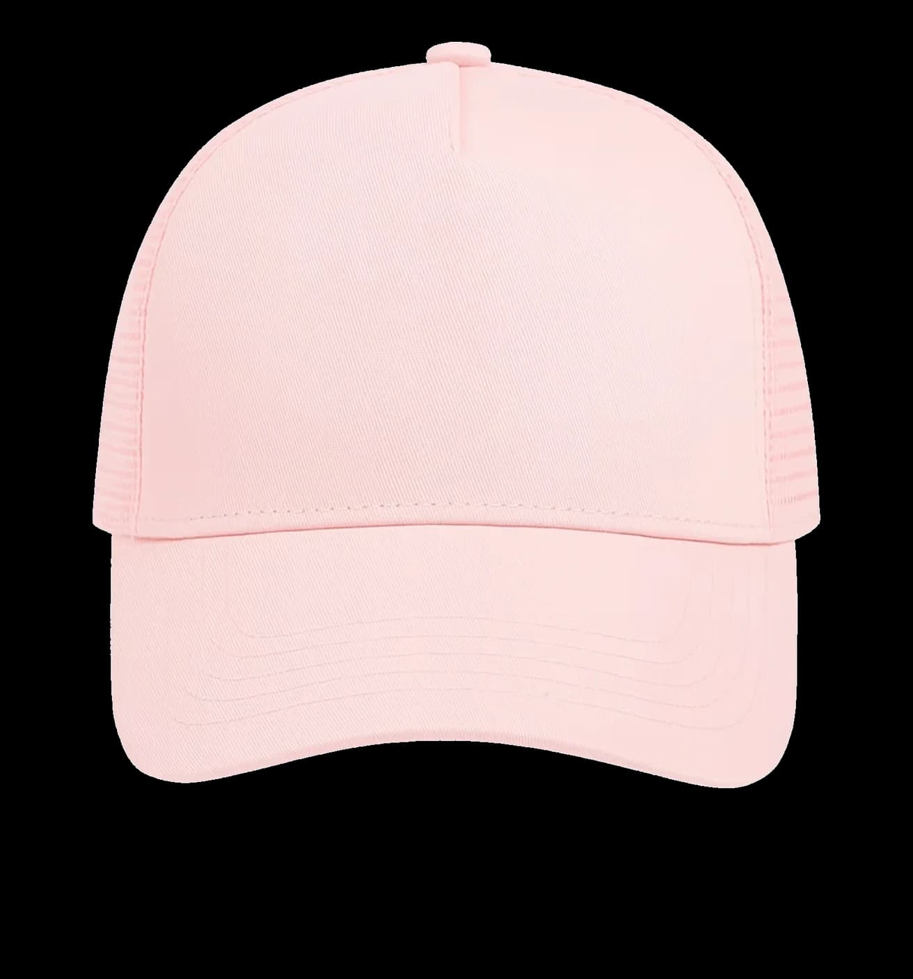 Casquette Trucker baseball 5-panel, filet ventilé brodée personnalisée Léo, coloris rose pastel, Coton armuré + filet polyester