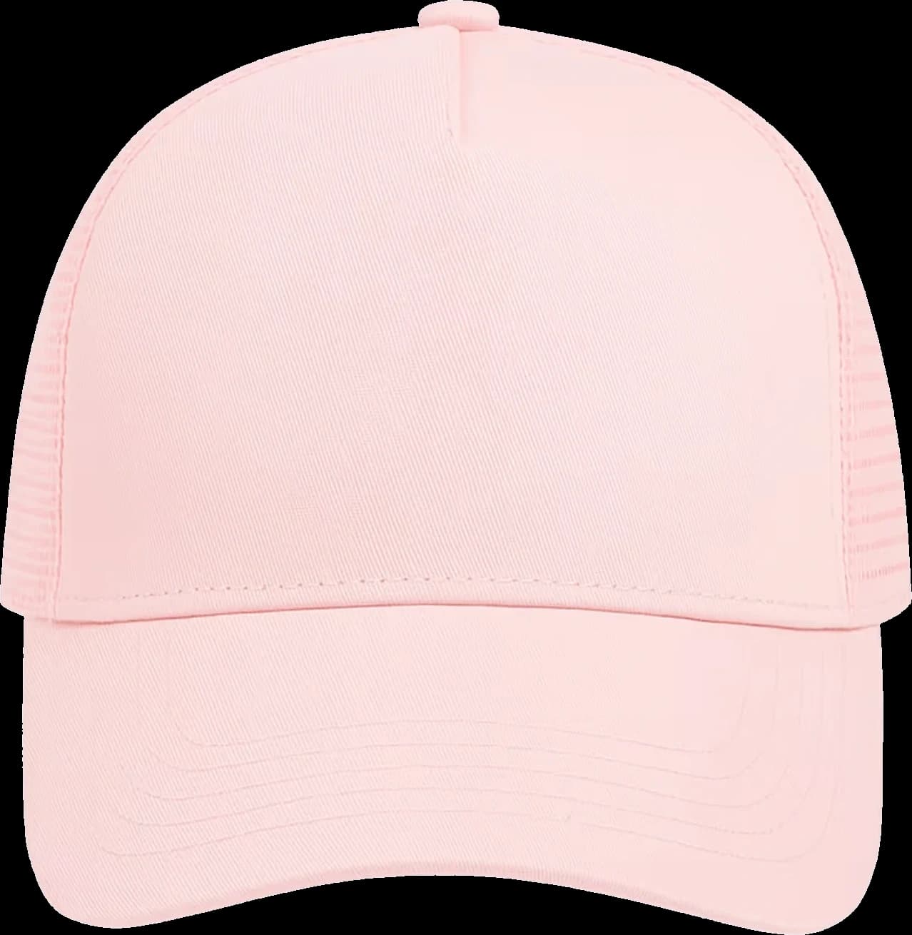 Casquette Trucker baseball 5-panel, filet ventilé brodée personnalisée Léo, coloris rose pastel, Coton armuré + filet polyester