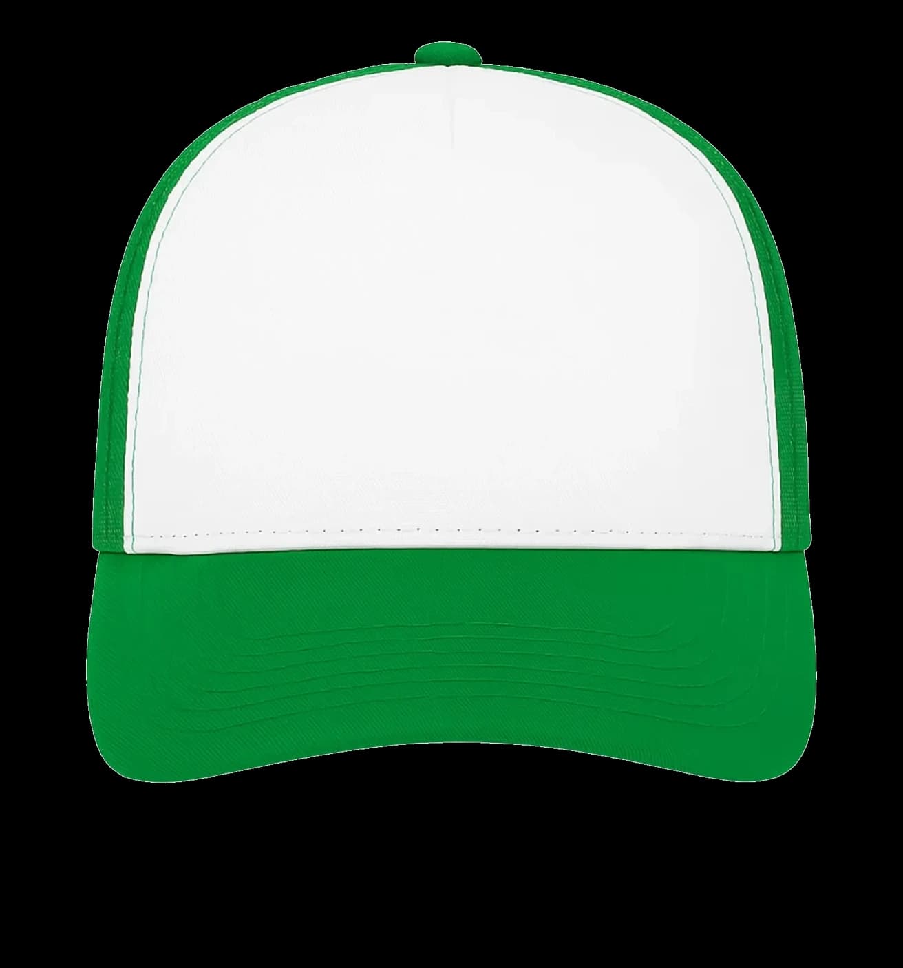 Casquette Trucker baseball 5-panel, filet ventilé brodée personnalisée Léo, coloris blanc / vert, Coton armuré + filet polyester