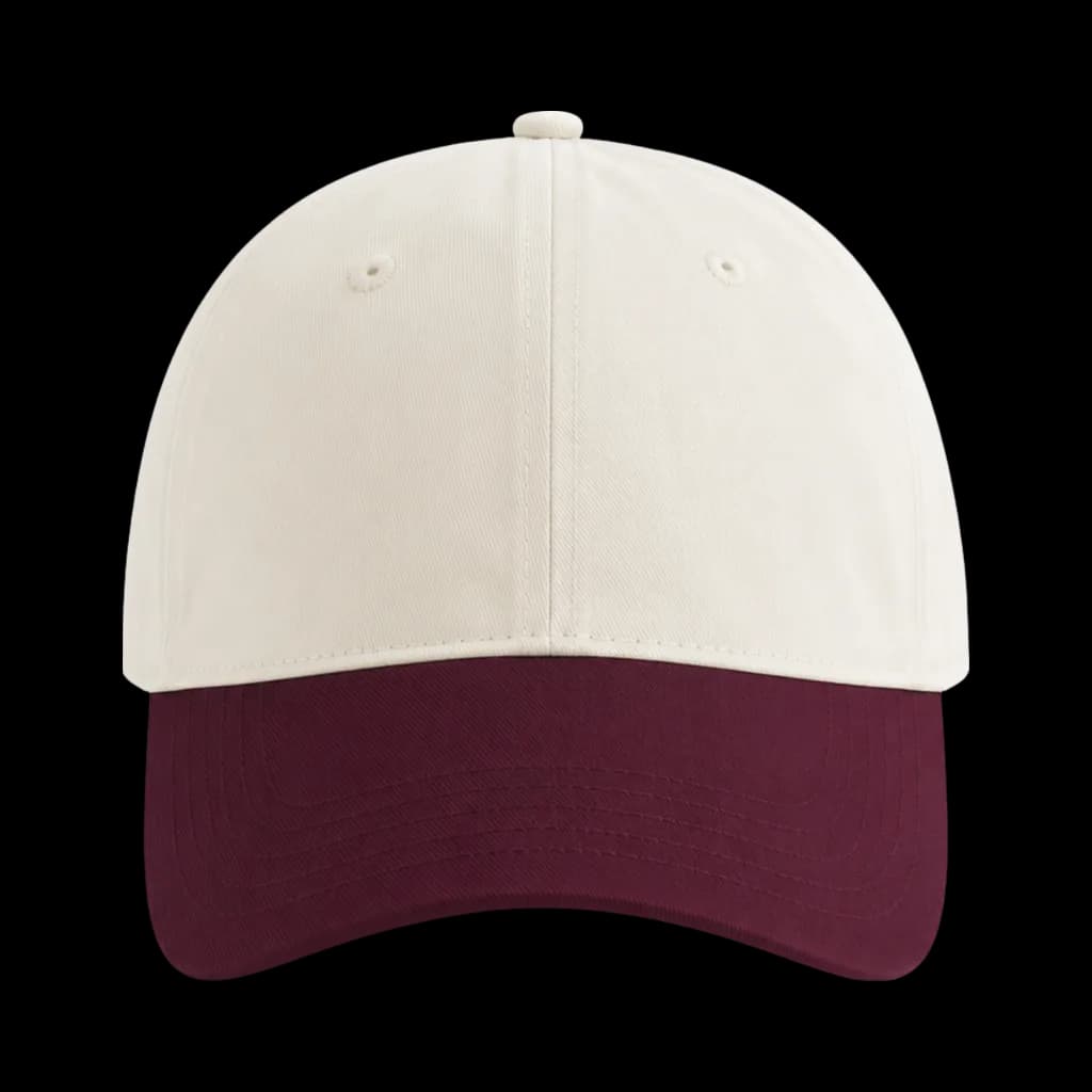 Casquette Baseball 5-panel souple, visière semi-courbée brodée personnalisée Marcel, coloris écru / bordeaux, Coton sergé brossé 100%